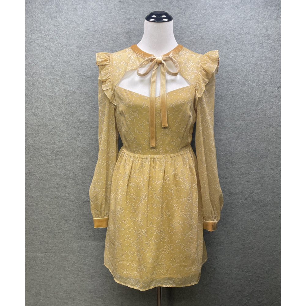 Lulus Yellow Floral Cutout Mini Dress Sz M Velvet Trim Long Slv Whimsy Romantic - Picture 12 of 13
